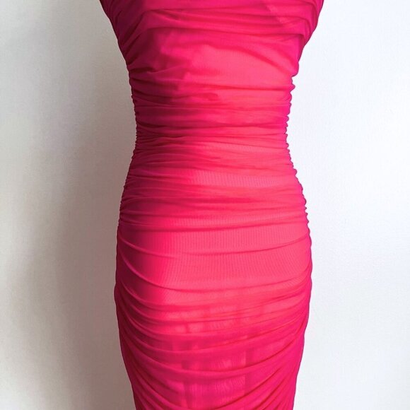 ARITZIA BABATON LUXOR FUCHSIA PINK RUCHED MESH DRESS - 0 - Picture 6 of 13